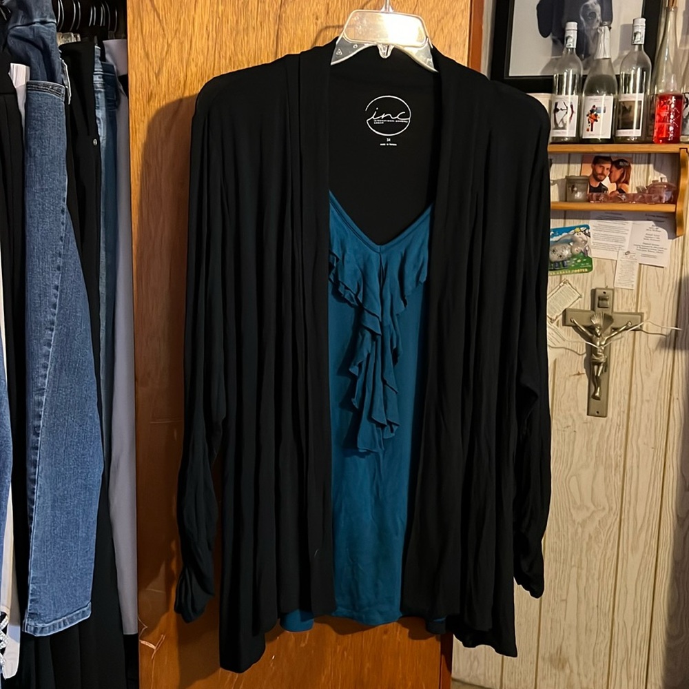 INC International Concepts Black Open Front Cardigan with Teal Ruffle Tank